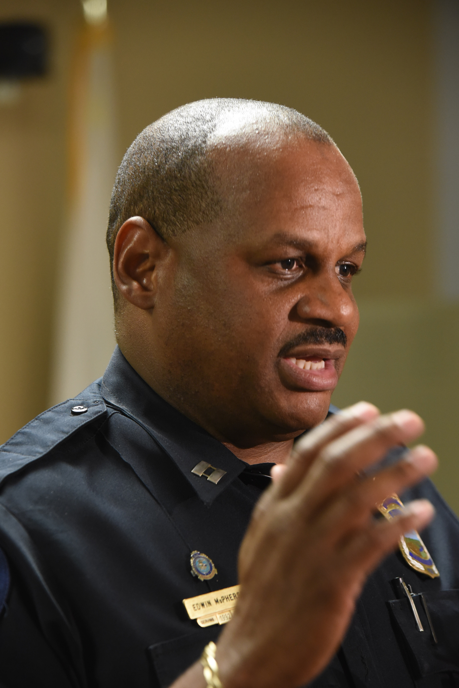 Staff photo by Tim Barber
Chattanooga Police Captain Edwin McPherson comments on what took place at the Interstate 75 accident that took the lives of six people, including two children.