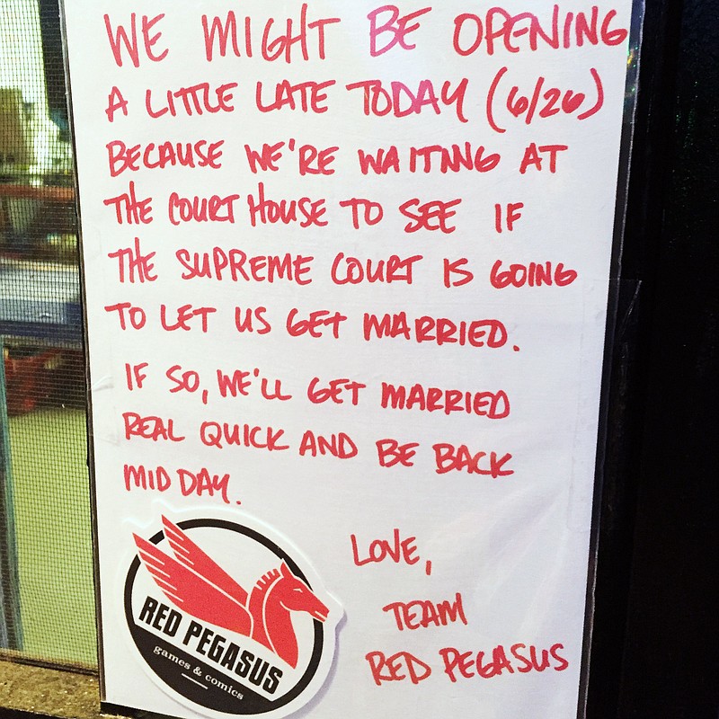 
              This handout photo provided by Kenneth Denson shows a sign he posted and photographed outside his business on Thursday, June 25, 2015 in Dallas. On Friday, June 26, 2015, the Supreme Court declared Friday that same-sex couples have a right to marry anywhere in the United States, a historic culmination of two decades of litigation over gay marriage and gay rights generally. (Kenneth Denson, via AP)
            