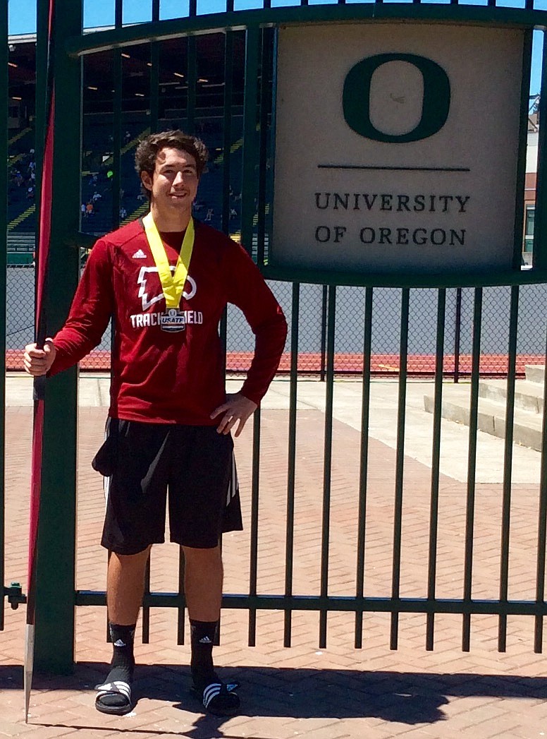 Signal Mountain resident Preston Elwell wears his fourth-place medal from the USATF Junior Championships in Eugene, Ore. He earned it with a personal-best javelin throw.