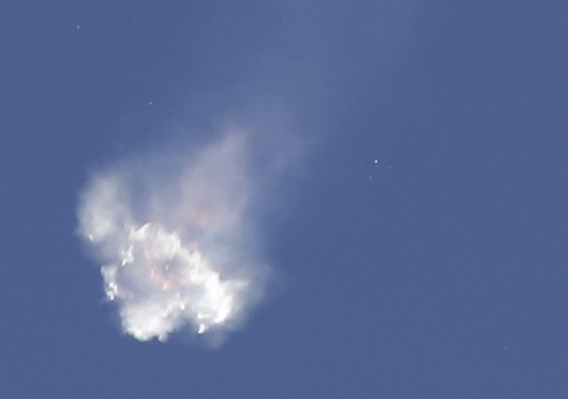 
              The SpaceX Falcon 9 rocket and Dragon spacecraft breaks apart shortly after liftoff at the Cape Canaveral Air Force Station in Cape Canaveral, Fla., Sunday, June 28, 2015. The rocket was carrying supplies to the International Space Station. (AP Photo/John Raoux)
            