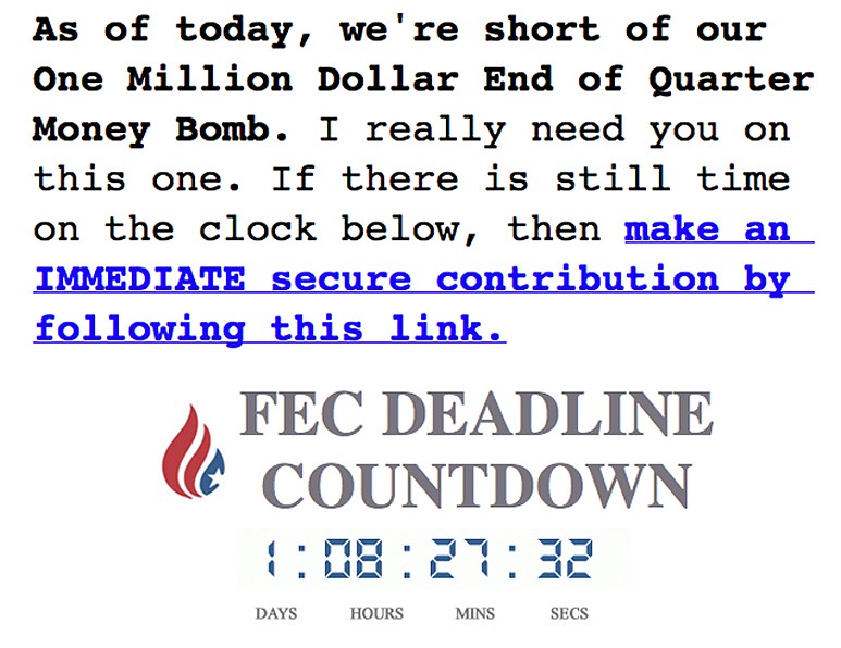 
              This image from TedCruz.org shows part of an email sent to supporters The June 30, end-of-quarter fundraising deadline is the real deal. The candidates all have to report how much cash they’ve raised during the quarter and then face judgment on what those numbers say about their viability. With no one casting votes yet, contributions from legions of grassroots donors can be read as a proxy measure of support, they reason. To be sure, there’s no other big reason to pony up now instead of later. But to hear them tell it, the looming reporting deadline is nothing less than the apocalypse. Cruz is running a "One Million Dollar Money Bomb Challenge." (TedCruz.org via AP)
            