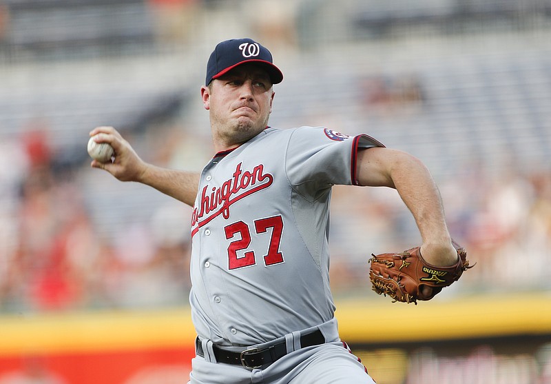 Washington Nationals starting pitcher Jordan Zimmermann (27) works in the first inning of a baseball game against the Atlanta Braves on Tuesday, June 30, 2015, in Atlanta.