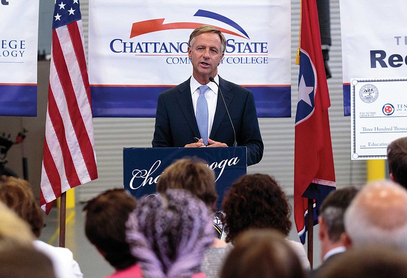 Staff photo by Doug StricklandGov. Bill Haslam speaks during a visit to Chattanooga State Technical Community College. Haslam presented the school with a $300,000 check for an industrial maintenance technology program at the school's Kimball site.