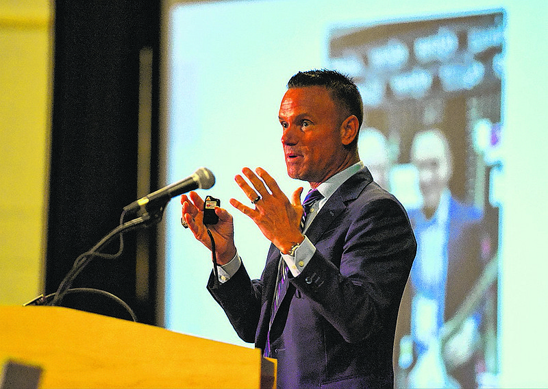 Staff photo by John Rawlston/Chattanooga Times Free Press - May 26, 2015
Kevin Harrington speaks at the Urban League of Greater Chattanooga's Entrepreneur Power Luncheon at the Chattanooga Convention Center on Tuesday, May 26,  2015, in Chattanooga, Tenn.