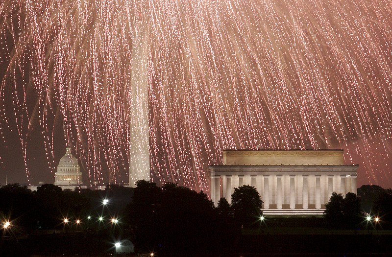 Associated Press File PhotoFireworks glitter in the sky over the U.S. Capitol, the Washington Monument and the Lincoln Memorial in this July 4, 2008, file photo. 