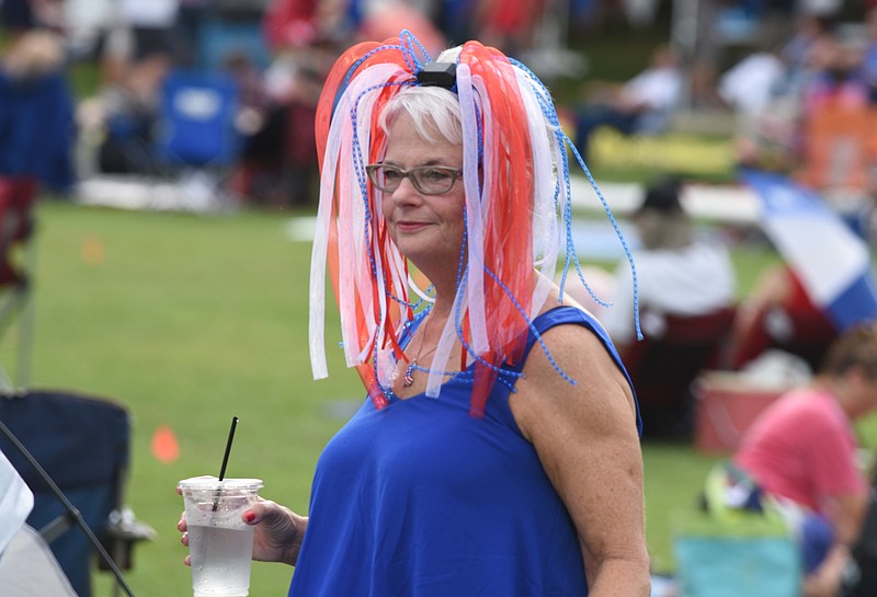 Staff photo by John Rawlston/Chattanooga Times Free Press 
Linda Meadows wears a red, white, and blue hat at the Pops on the River event at Coolidge Park on Saturday, July 4, 2015, in Chattanooga, Tenn. 