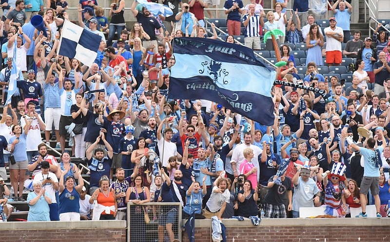 Staff photo by John Rawlston/Chattanooga Times Free Press 
Chattanooga Football Club fans cheer after their team scored the first goal of the game as they host Nashville at Finley Stadium on Saturday, July 4, 2015, in Chattanooga, Tenn. 