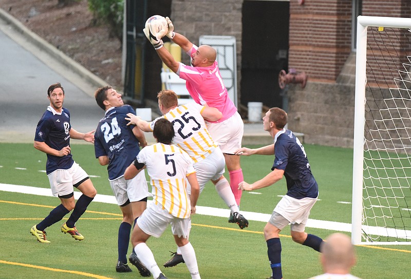 Staff photo by John Rawlston/Chattanooga Times Free Press 
Chattanooga goalkeeper Greg Hartley grabs a Nashville shot as the Chattanooga Football Club hosts Nashville at Finley Stadium on Saturday, July 4, 2015, in Chattanooga, Tenn. 