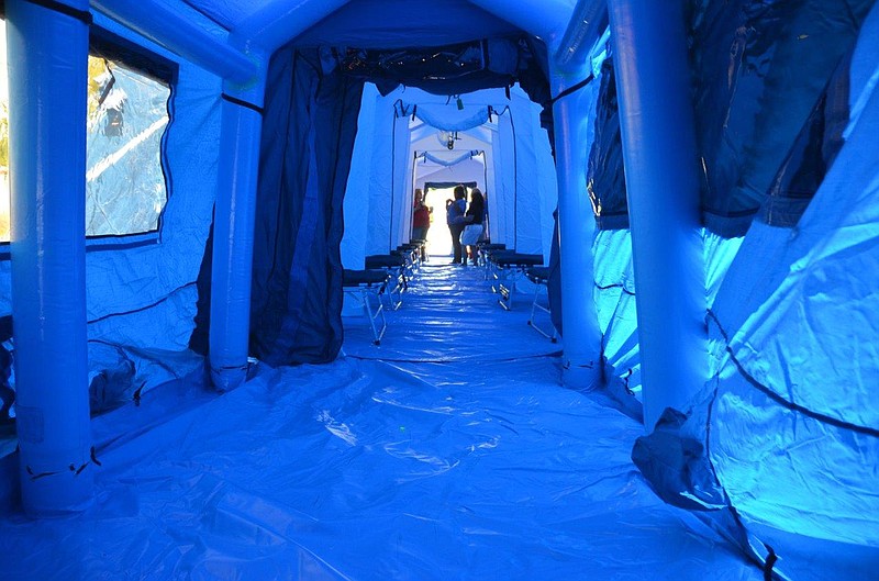 Photo contributed by the DeKalb County Emergency Management Agency
This photograph shows the interior of one of the Mobile Medical Station's tents. One of the Alabama's seven mobile stations is now posted in Fort Payne, Ala., ready to serve Northeast Alabama.