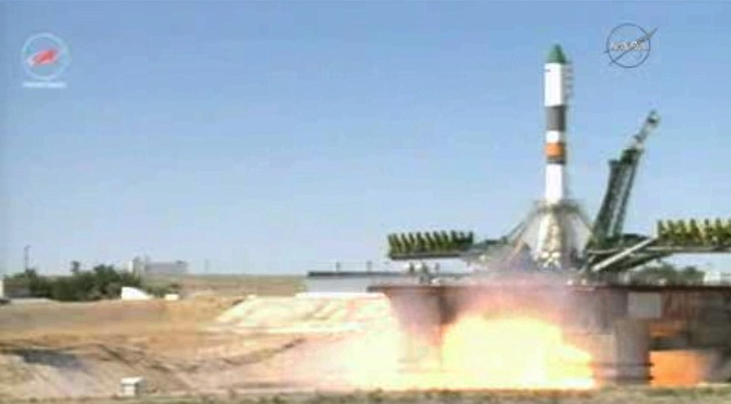 
              In this image taken from video, a Soyuz-U rocket blasts off at the Russian leased Baikonur cosmodrome, Kazakhstan, Friday, July 3, 2015. The unmanned cargo ship is heading to the International Space Station, whose crew is anxiously awaiting it after the successive failures of two previous supply missions. (NASA TV via AP)
            