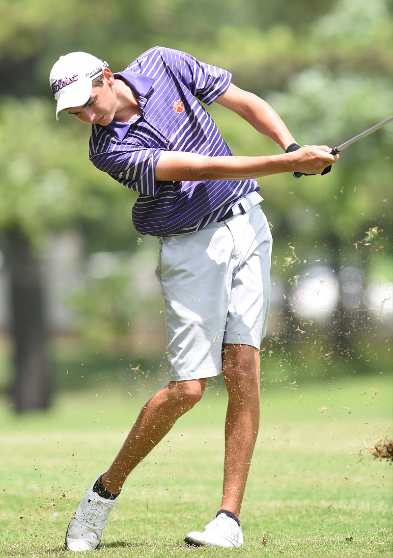 William Nottingham hits his approach shot on the par-4, 16th Wednesday at Cleveland Country Club. Nottingham, of Kingsport, leads the Tennessee Junior Amateur by four strokes over Cooper Sears.