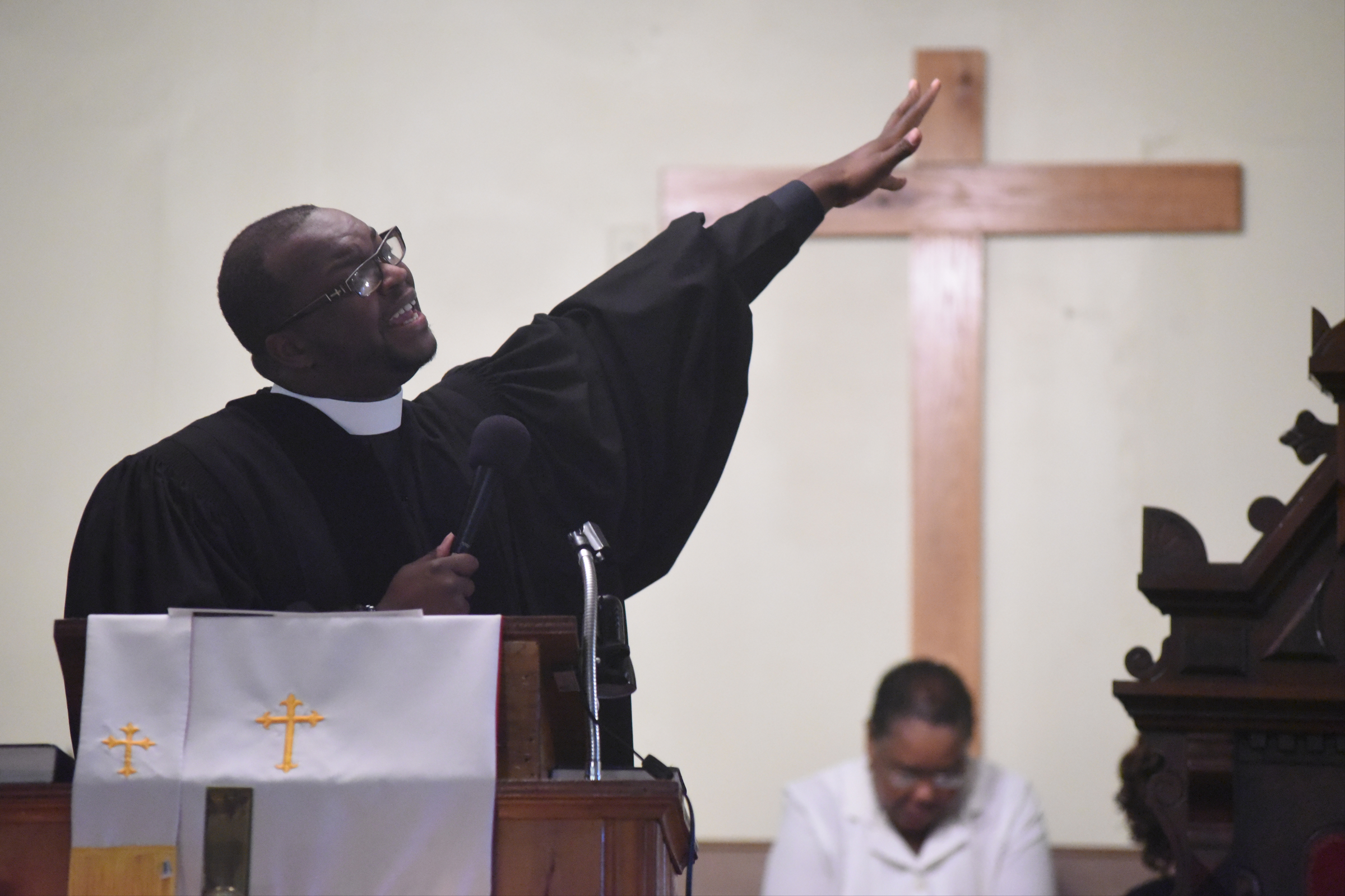 Rev. Solomon Missouri leads a worship service at Hemphill African Methodist Episcopal Zion Church on Sunday in Summerville, Ga.