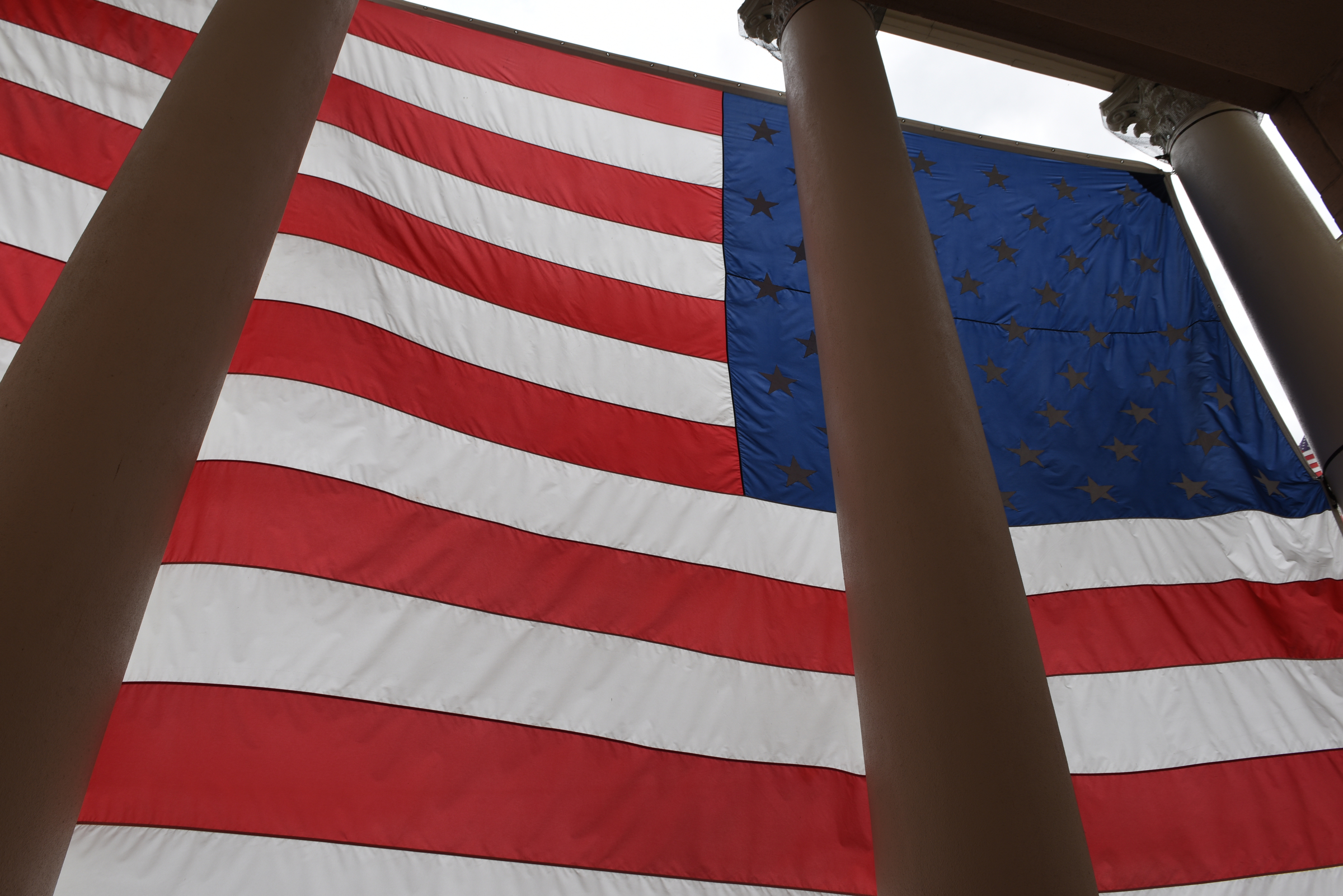 A giant American flag is seen displayed on the front of the Chattooga County Courthouse on Sunday in Summerville, Ga.