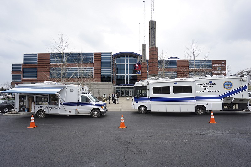 The Tennessee Bureau of Investigation's mobile intelligence units parked in front of the TBI headquarters in Nashville, Tenn., on Friday, March 27, 2015