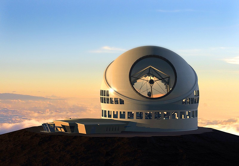 
              FILE - This undated file artist rendering made available by the TMT Observatory Corporation shows the proposed Thirty Meter Telescope, planned to be built atop Mauna Kea, a large dormand volcano in Hilo on the Big Island of Hawaii in Hawaii. After months of protesters camping on Mauna Kea to block construction of the giant telescope near its summit, the state is trying to limit their access to the mountain, which is held sacred by many Native Hawaiians. (AP Photo/TMT Observatory Corporation, File) NO SALES; MANDATORY CREDIT
            