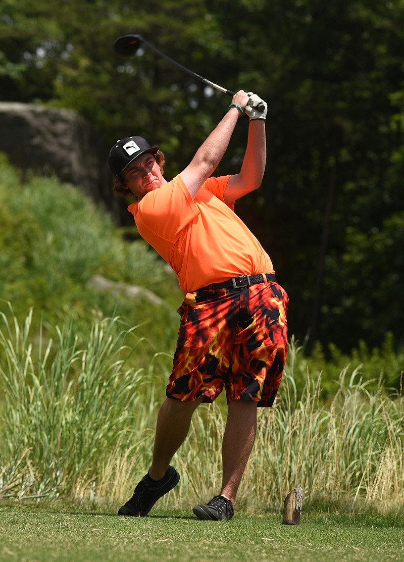 Sport Allmond tees off during a playoff after finishing regulation play tied with Richard Spangler at the 2015 Chattanooga Men's Metro Championship on Sunday, July 12, 2015, at the Canyon Ridge Golf Club in Rising Fawn, Ga. Allmond won on the first playoff hole to take the championship.