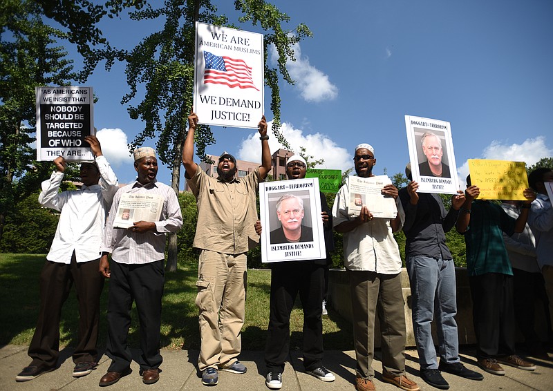 Muslims rally near the Joel W. Solomon Federal building Monday, July 13, 2015 to protest what they see as light treatment of Robert Doggart, who plotted to murder Muslims in Islamberg, N.Y. 