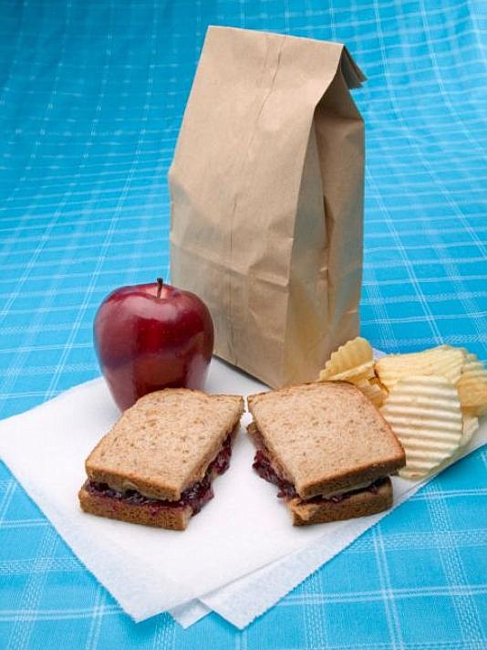 A school lunch of a sandwich, apple and chips is shown.