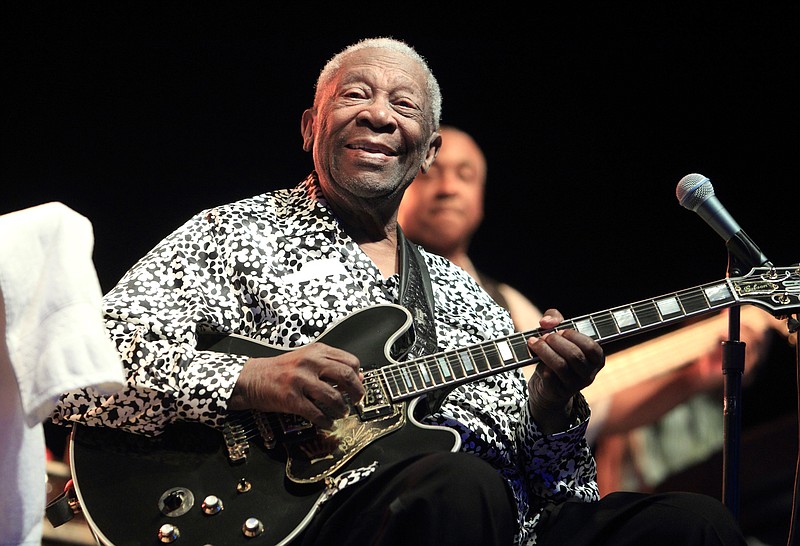 In this Aug. 8, 2013, file photo, Blues music legend B.B. King performs on Frampton's Guitar Circus 2013 Tour at Pier Six Pavilion, in Baltimore.