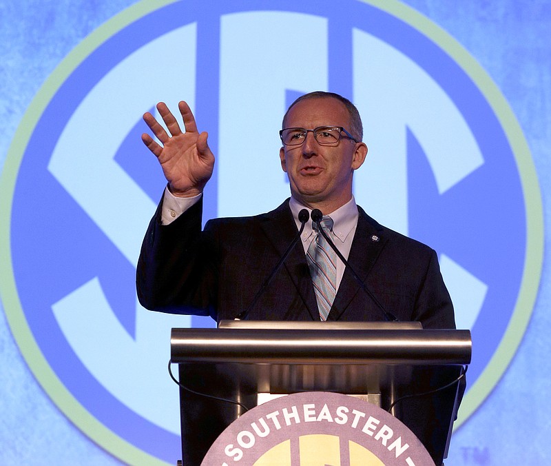 SEC Commissioner Greg Sankey speaks during the Southeastern Conference NCAA college football media days, Monday, July 13, 2015, in Hoover, Ala. 