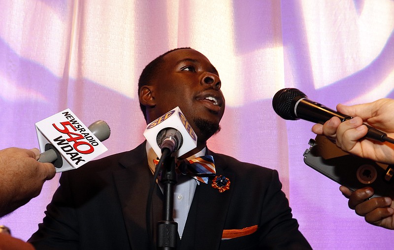 Auburn's Jeremy Johnson speaks at the Southeastern Conference NCAA college football media days on Monday, July 13, 2015, in Hoover, Ala.