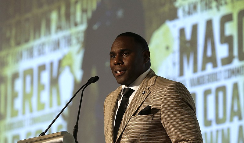 Vanderbilt coach, Derek Mason, speaks to the media at the Southeastern Conference NCAA college football media days on Monday, July 13, 2015, in Hoover, Ala.