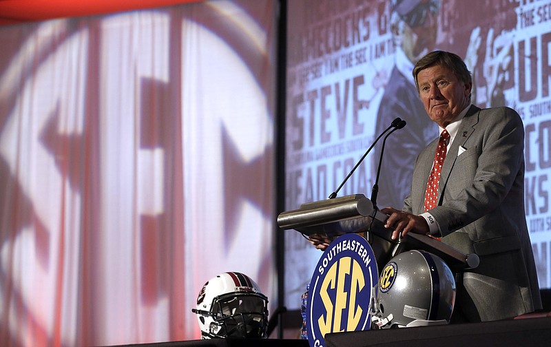 South Carolina coach Steve Spurrier speaks to the media at the Southeastern Conference NCAA college football media days Tuesday, July 14, 2015, in Hoover, Ala. 