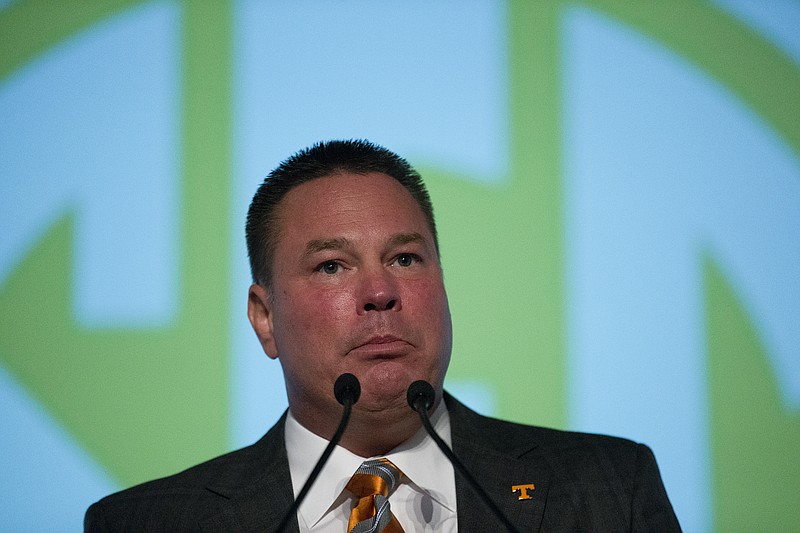 Tennessee coach Butch Jones speaks to the media at the Southeastern Conference NCAA college football media days Tuesday, July 14, 2015, in Hoover, Ala. 
