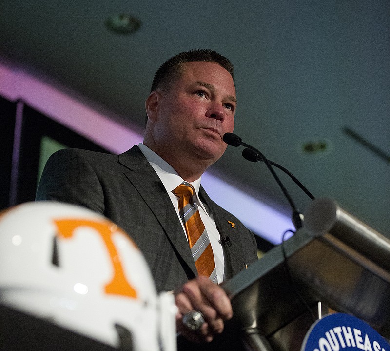 Tennessee coach Butch Jones speaks to the media at the Southeastern Conference NCAA college football media days Tuesday, July 14, 2015, in Hoover, Ala.