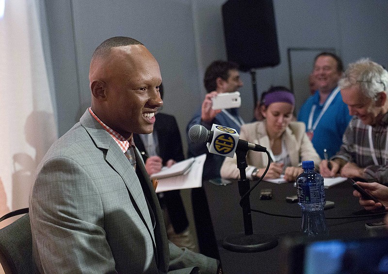 Tennessee quarterback Joshua Dobbs speaks to reporters at the Southeastern Conference NCAA college football media days Tuesday, July 14, 2015, in Hoover, Ala. 