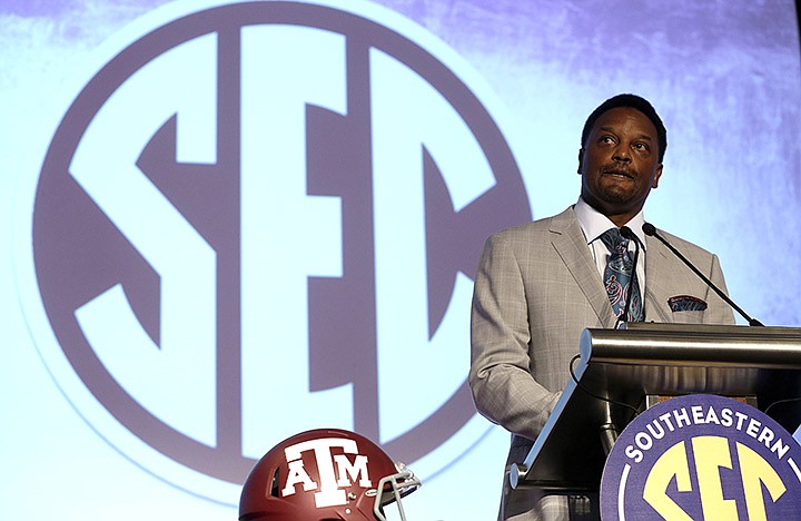 Texas A&M coach Kevin Sumlin speaks to the media at the Southeastern Conference NCAA college football media days Tuesday, July 14, 2015, in Hoover, Ala.