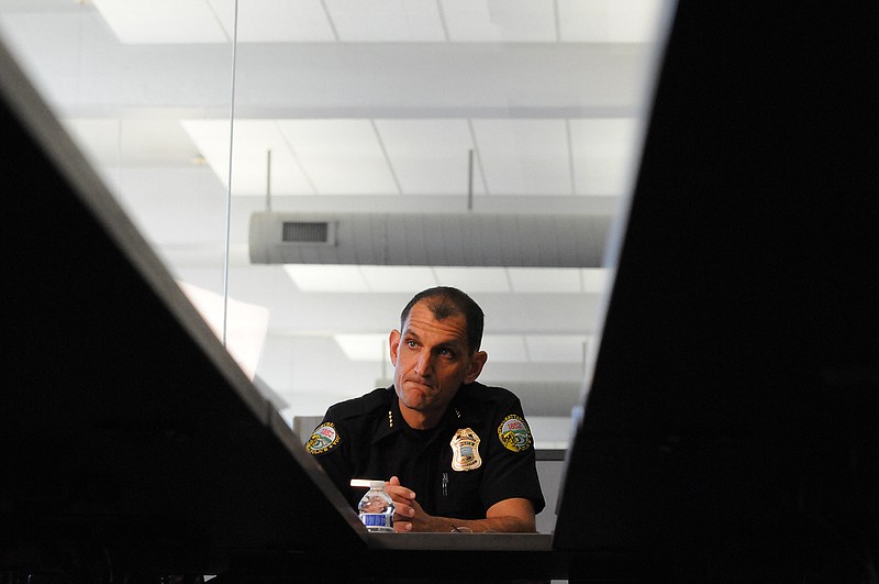 Chattanooga Police Chief Fred Fletcher, shown in an editorial board meeting at the Times Free Press, praised his officers Thursday for their actions in making sure "no further loss of life happened."