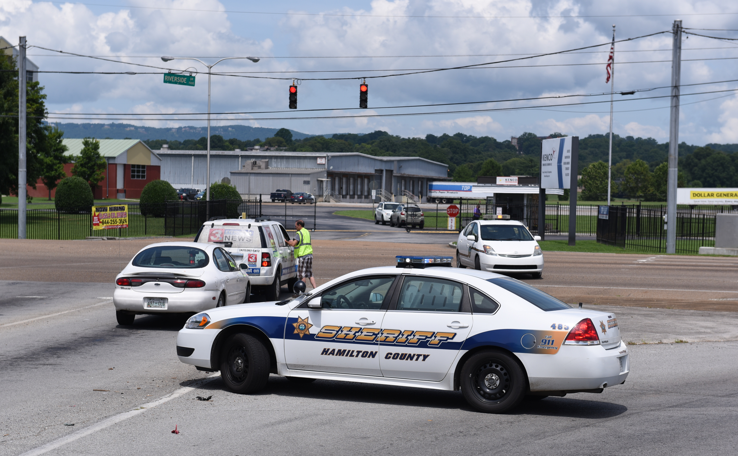 Police vehicles block the intersection of Amnicola Highway and Wilcox Boulevard in response to a domestic terror incident that killed four Marines at the Naval Reserve facility on Amnicola Highway on Thursday, July 16, 2015, in Chattanooga, Tenn.