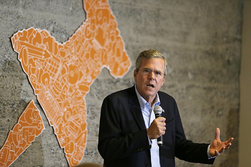 Republican presidential candidate former Florida Gov. Jeb Bush gestures while speaking during a visit to Thumbtack, an online startup, Thursday, July 16, 2015, in San Francisco.