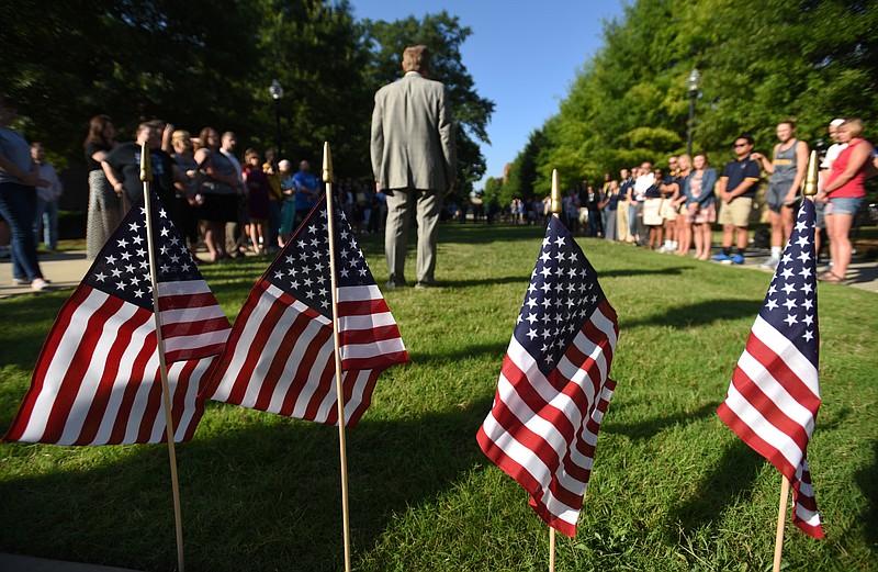 Dr. Steven Angle, Chancellor, speaks to a gathering on the University of Tennessee at Chattanooga campus Friday, July 17, 2015, to honor four Marines who were killed yesterday at the U.S. Naval and Marine Reserve Center on Amnicola Highway.