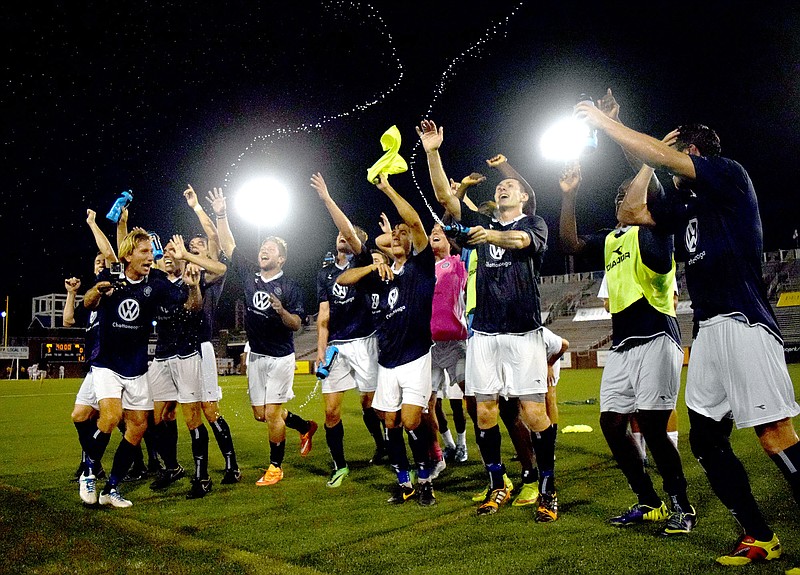 Chattanooga FC celebrates the Southeast Conference title with their fans.  Chattanooga FC defeated the Atlanta Silverbacks 3-0 to claim the Southeast Conference soccer title at Finley Stadium Saturday night, July 11, 2015