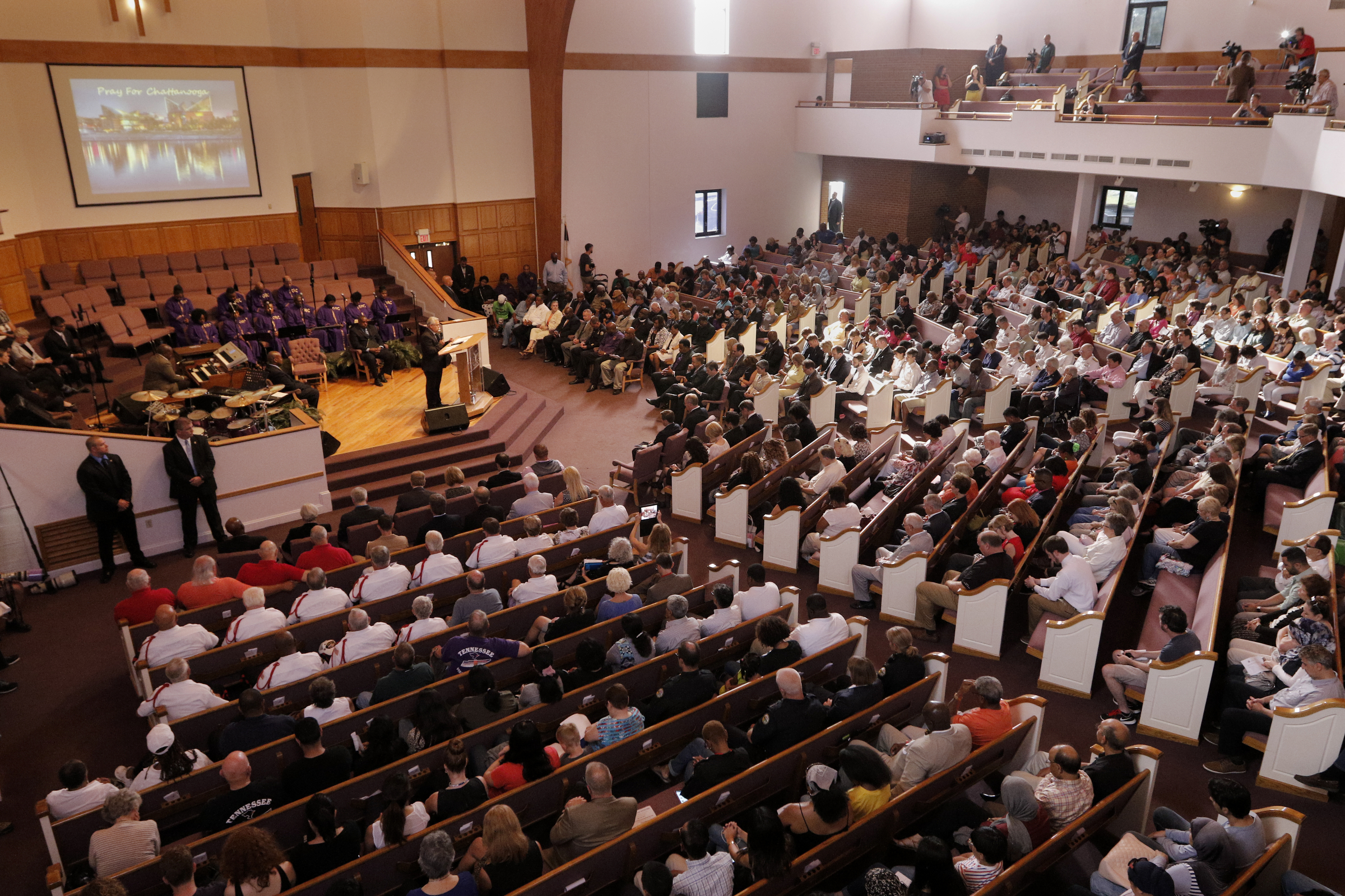 Supporters gather for an interfaith vigil at Olivet Baptist Church held in remembrance of victims of the July, 16 shootings on Friday, July 17, 2015, in Chattanooga, Tenn. The vigil was held one day after gunman Mohammad Youssef Abdulazeez shot and killed four U.S. Marines and wounded two others and a Chattanooga police officer at the Naval Operational Support Center on Amnicola Highway shortly after firing into the Armed Forces Career Center on Lee Highway.