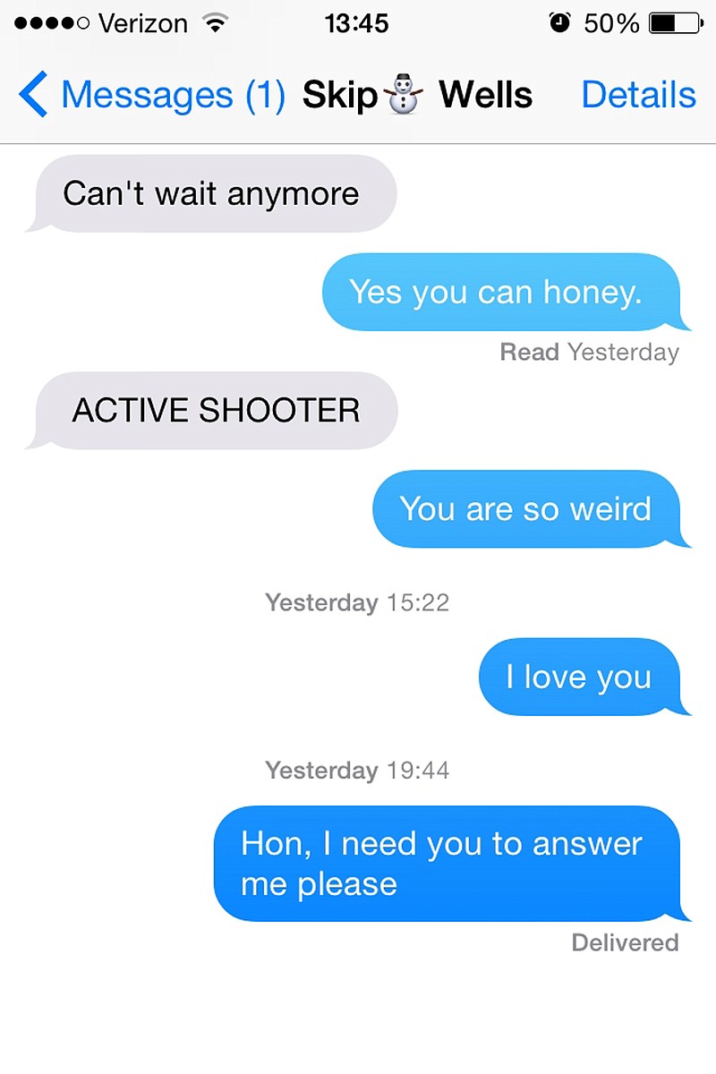 This screen shot provided by Caroline Dove, of her cell phone text application, shows what she says was her final text message exchange with her boyfriend, Marine Corps Lance Cpl. Skip Wells, on Thursday, July 16, 2015. Wells was among four Marines killed Thursday by a gunman at a Navy-Marine training center in Chattanooga, Tenn. Wells' final text message to Dove read, "ACTIVE SHOOTER." They were discussing plans for her to visit the following week. (Courtesy of Caroline Dove via AP)