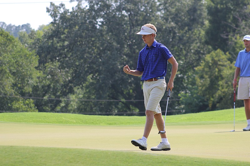 Matthew Mahle reacts after a swing while playing in the final round of the Choo Choo Invitational at Council Fire Golf Club in Chattanooga on Wednesday, July 30, 2014.