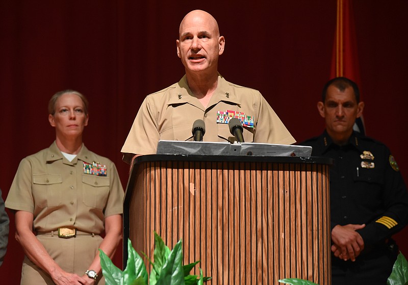 Maj. Gen. Paul W. Brier, commanding general of the 4th Marine Division of the U. S. Marine Corps, speaks during a Wednesday news conference in the auditorium of the TVA Office Complex in Chattanooga. At left is U. S. Navy Rear Adm. Mary M. Jackson, Commander of the Navy for the Southeast Region, while Chattanooga Police Chief Fred Fletcher is seen at right.