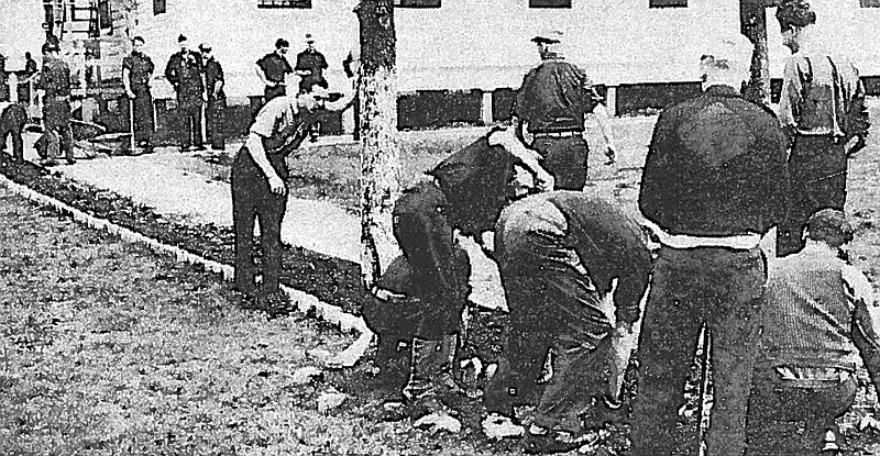German prisoners of war volunteered to make a flower bed bordering a gravel walkway inside the Fort Oglethorpe prison camp, which was noted for its "orderliness and neatness."