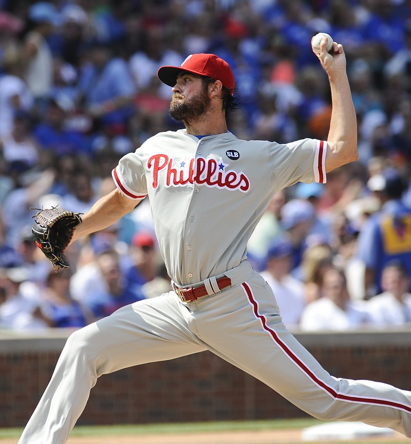
              Philadelphia Phillies' starting pitcher Cole Hamels delivers during the first inning of baseball game against the Chicago Cubs in Chicago on Saturday, July 25, 2015. (AP Photo/Matt Marton)
            