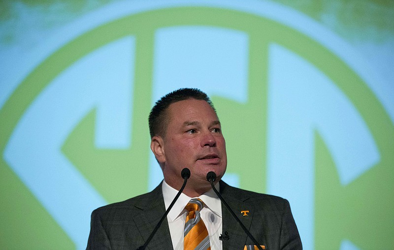 Tennessee coach Butch Jones speaks to the media at the Southeastern Conference NCAA college football media days on July 14, 2015, in Hoover, Ala. 