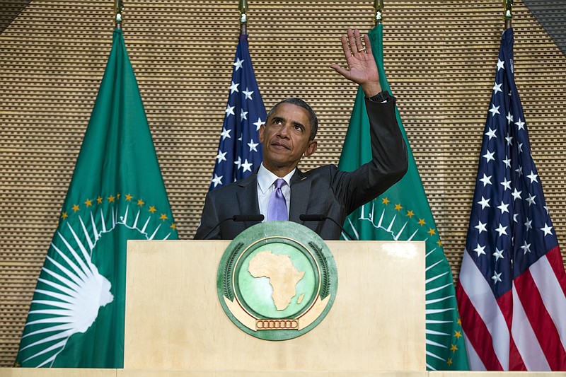 U.S. President Barack Obama waves as he arrives to deliver a speech to the African Union on Tuesday, July 28, 2015, in Addis Ababa, Ethiopia.