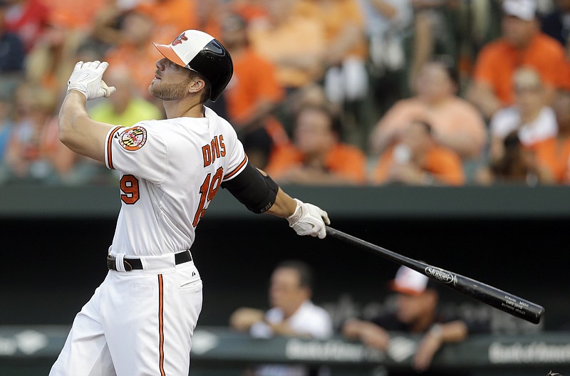 Baltimore Orioles' Chris Davis watches his three-run home run in the first inning of an interleague baseball game against the Atlanta Braves, Tuesday, July 28, 2015, in Baltimore.