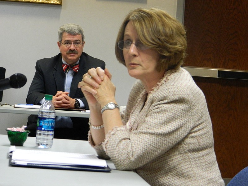 
Dr. Linda Cash, the new director of schools for Bradley County, answers questions posed by the school board during a public interview on Monday evening. Scott Bennett, attorney for the school system, listens.

