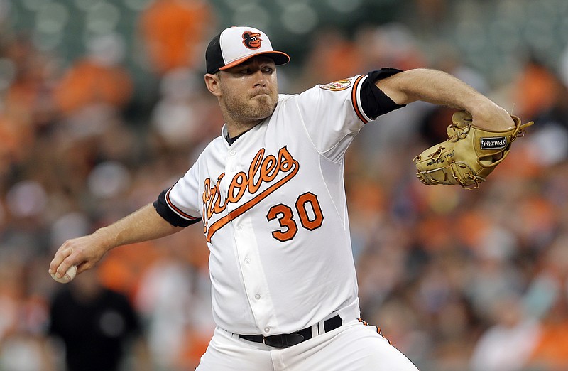 Baltimore Orioles starting pitcher Chris Tillman throws to the Atlanta Braves in the first inning of an interleague baseball game, Wednesday, July 29, 2015, in Baltimore.