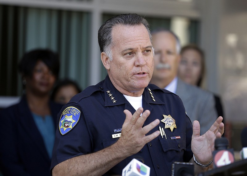 Santa Cruz Police Chief Kevin Vogel gestures during a news conference, Tuesday, July 28, 2015, in Santa Cruz, Calif.