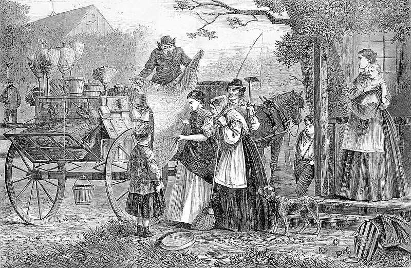 Photo is "The Peddler's Wagon," drawn by C.G. Bush, Library of Congress.