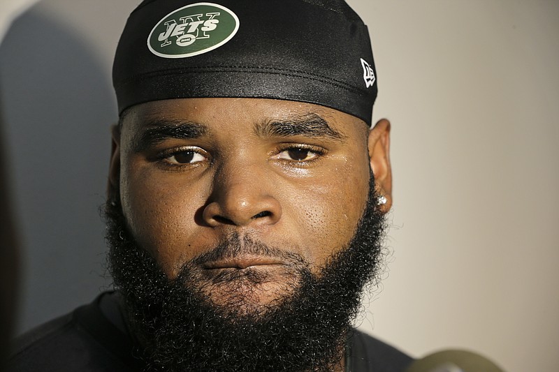 
              New York Jets defensive end Sheldon Richardson responds to questions during a news interview after practice at training camp, Thursday, July 30, 2015, in Florham Park, N.J. (AP Photo/Frank Franklin II)
            